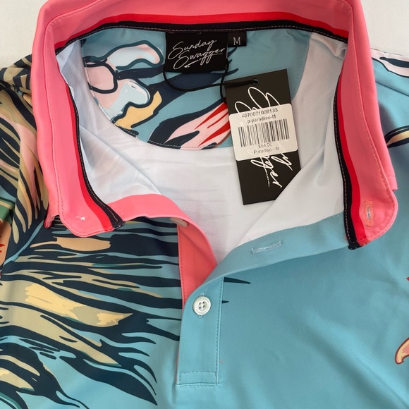 NEW Sunday Swagger Men’s Pink Blue Floral Palm Tree Performance Stretch Polo M - Picture 2 of 7